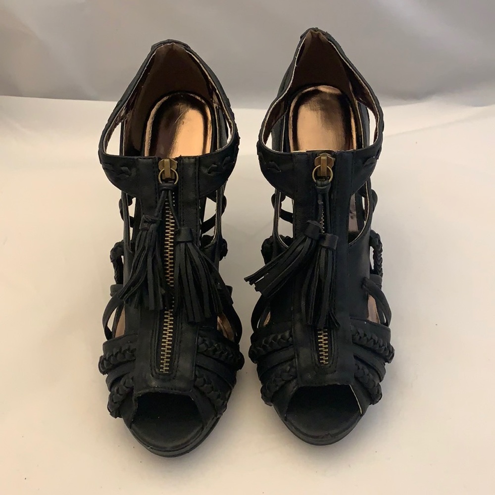 High Heels Platform Black Ankle Sandals Zipper Front With Double  Fringe Tassels